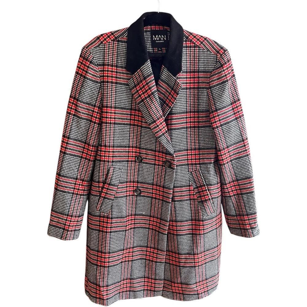 NWOT Boohooman red/black/white plaid overcoat Sz L